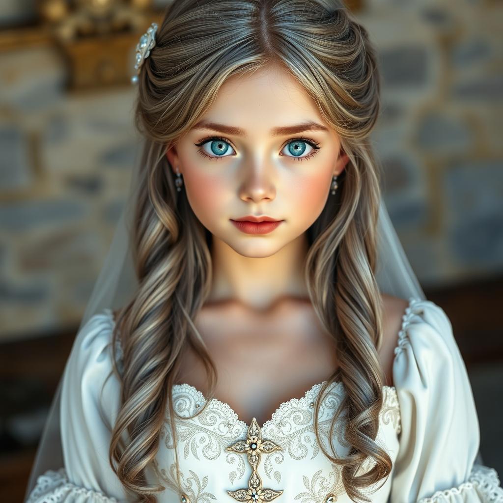 A stunningly beautiful European cleric girl with a slender figure and very large, tender push-upped breasts