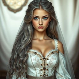 A stunningly beautiful European cleric girl with a slender figure and very large, tender push-upped breasts