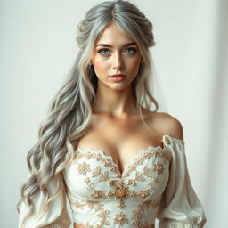 A stunningly beautiful European cleric girl with a slender figure and very large, tender push-upped breasts