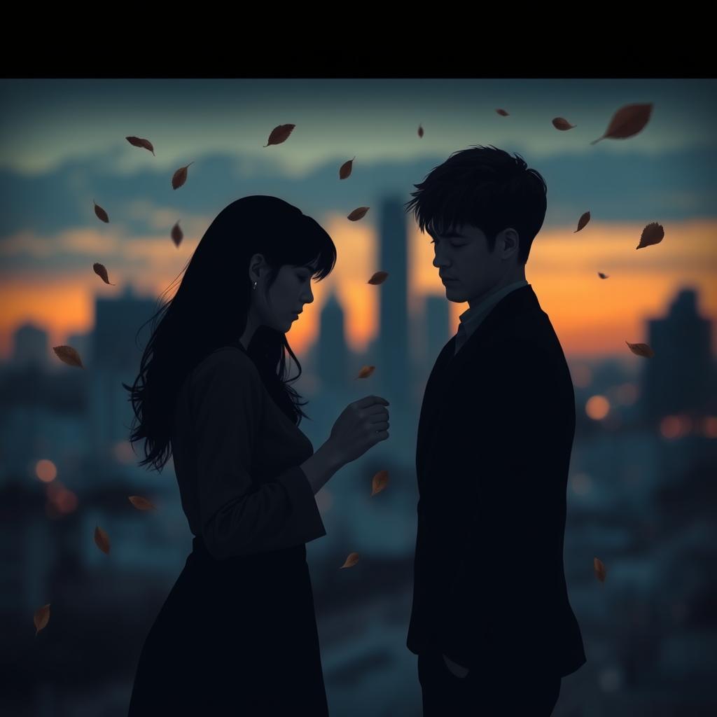 A deep and emotional representation of love's pain, featuring a melancholic scene showing a couple standing apart, their faces reflecting sorrow and longing