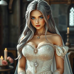 A stunning scene featuring a busty beautiful cleric girl with slender build, showcasing exceptionally large tender push-upped breasts