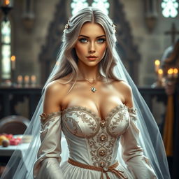 A stunning scene featuring a busty beautiful cleric girl with slender build, showcasing exceptionally large tender push-upped breasts