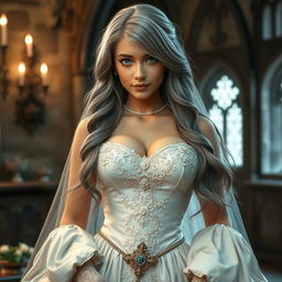 A stunning scene featuring a busty beautiful cleric girl with slender build, showcasing exceptionally large tender push-upped breasts