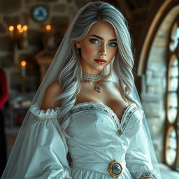 A stunning scene featuring a busty beautiful cleric girl with slender build, showcasing exceptionally large tender push-upped breasts