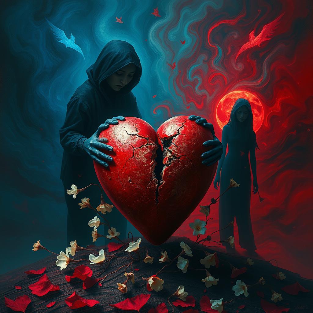 A surreal representation of the emotional pain of love, featuring a broken heart symbolic of heartbreak, surrounded by shadowy figures representing sadness and longing