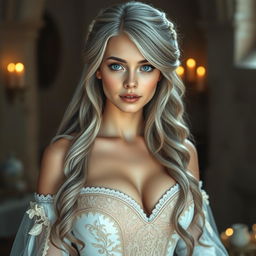 A busty beautiful cleric, a slender European girl with very large tender push-upped breasts, long soft layers of ash grey hair cascading down her shoulders, and bright turquoise eyes sparkling with warmth