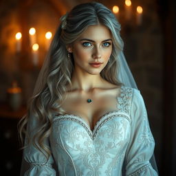 A busty beautiful cleric, a slender European girl with very large tender push-upped breasts, long soft layers of ash grey hair cascading down her shoulders, and bright turquoise eyes sparkling with warmth