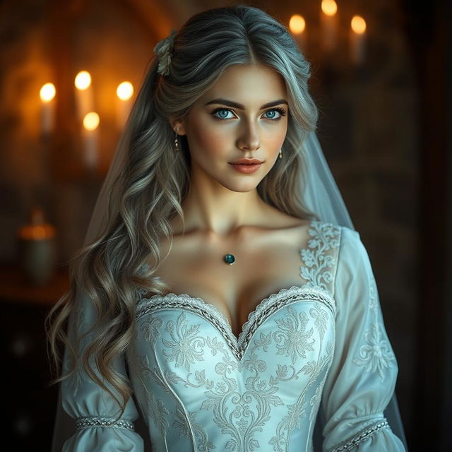 A busty beautiful cleric, a slender European girl with very large tender push-upped breasts, long soft layers of ash grey hair cascading down her shoulders, and bright turquoise eyes sparkling with warmth