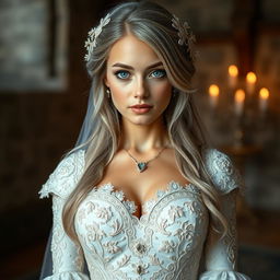 A busty beautiful cleric, a slender European girl with very large tender push-upped breasts, long soft layers of ash grey hair cascading down her shoulders, and bright turquoise eyes sparkling with warmth