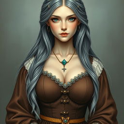 A busty, beautiful cleric depicted as a slender European girl with very large, tender push-up enhanced breasts