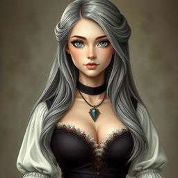 A busty, beautiful cleric depicted as a slender European girl with very large, tender push-up enhanced breasts