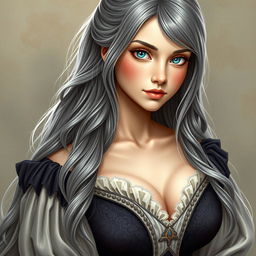 A busty, beautiful cleric depicted as a slender European girl with very large, tender push-up enhanced breasts