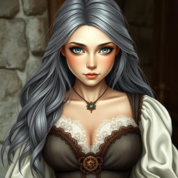 A busty, beautiful cleric depicted as a slender European girl with very large, tender push-up enhanced breasts