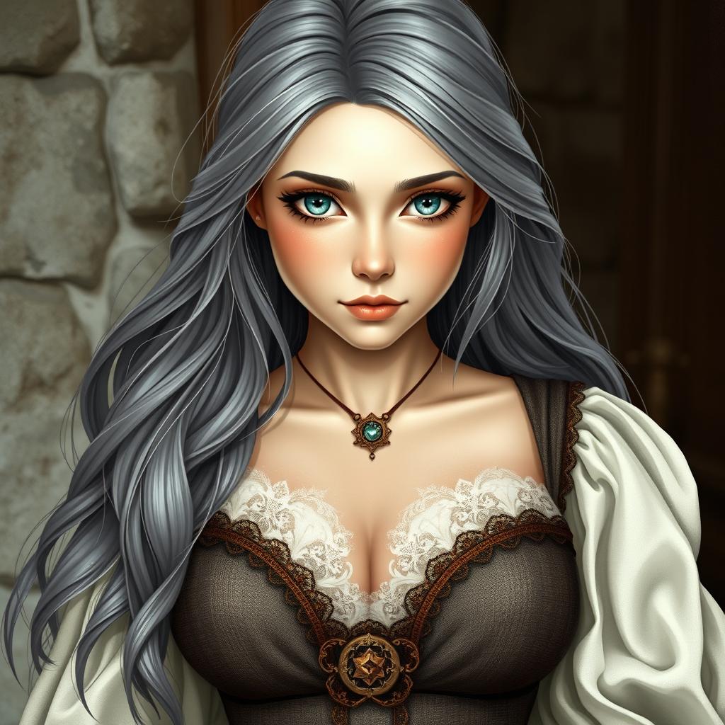 A busty, beautiful cleric depicted as a slender European girl with very large, tender push-up enhanced breasts