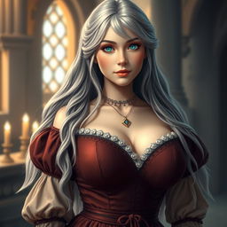 A busty, beautiful cleric depicted as a slender European girl with very large, tender push-upped breasts