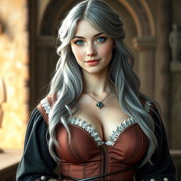A busty, beautiful cleric depicted as a slender European girl with very large, tender push-upped breasts