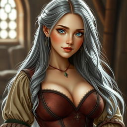 A busty, beautiful cleric depicted as a slender European girl with very large, tender push-upped breasts