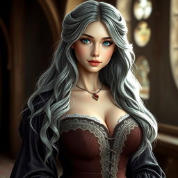 A busty, beautiful cleric depicted as a slender European girl with very large, tender push-upped breasts