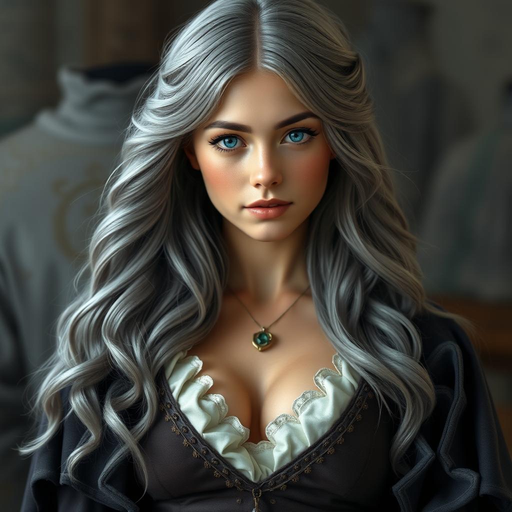 A beautiful European cleric girl with an alluring appearance, featuring very large, tender push-up breasts