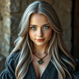 A beautiful European cleric girl with an alluring appearance, featuring very large, tender push-up breasts