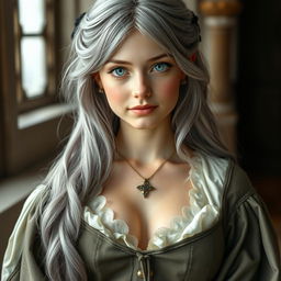 A beautiful European cleric girl with an alluring appearance, featuring very large, tender push-up breasts