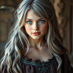 A beautiful European cleric girl with an alluring appearance, featuring very large, tender push-up breasts