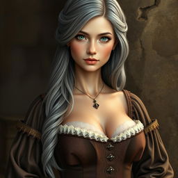 A beautiful slender European girl depicted as a cleric, featuring very large tender push-up breasts