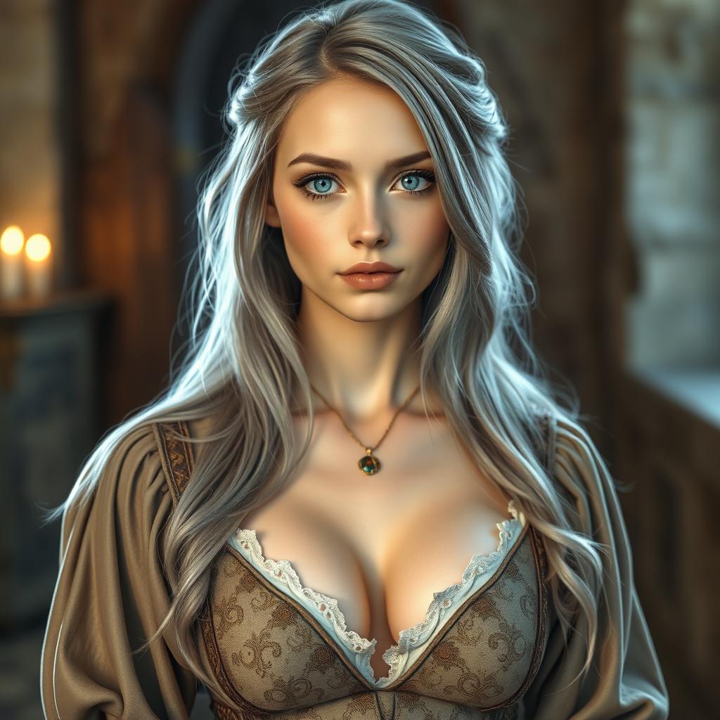 A beautiful slender European girl depicted as a cleric, featuring very large tender push-up breasts