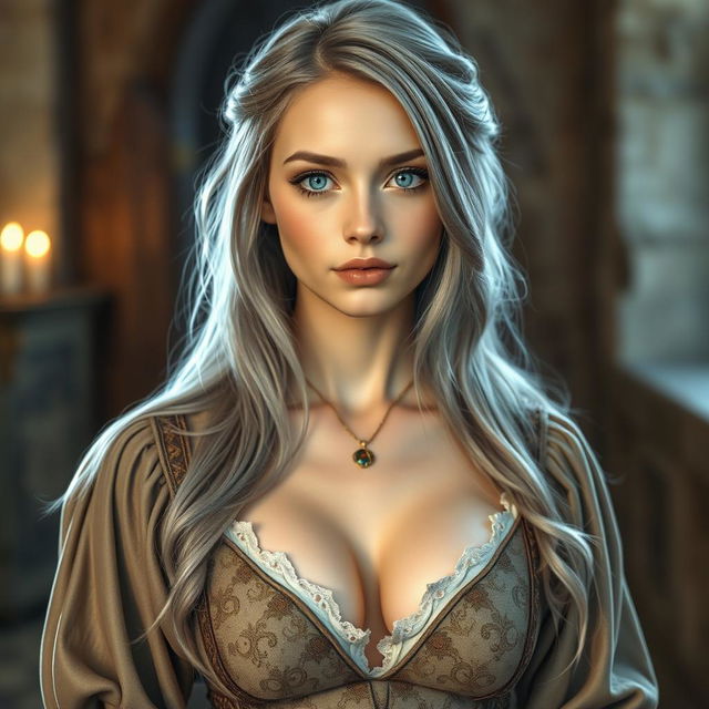 A beautiful slender European girl depicted as a cleric, featuring very large tender push-up breasts