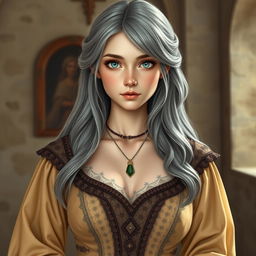 A beautiful slender European girl depicted as a cleric, featuring very large tender push-up breasts