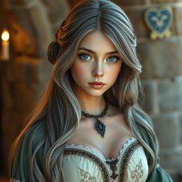 A beautiful slender European girl depicted as a cleric, featuring very large tender push-up breasts