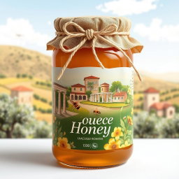 Label design for organic honey, showcasing the picturesque village of Augusta, a traditional Roman setting