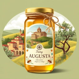 Label design for organic honey, showcasing the picturesque village of Augusta, a traditional Roman setting