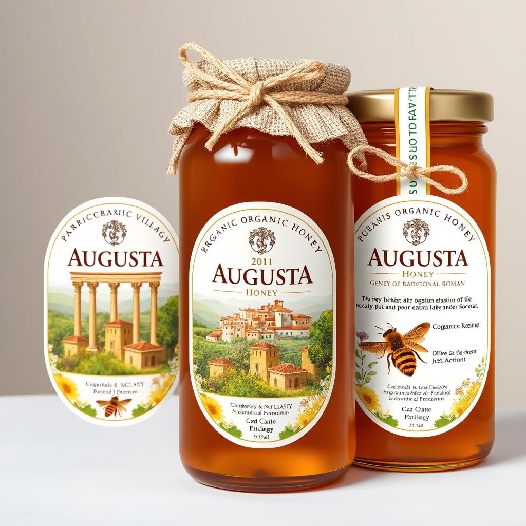 Label design for organic honey, showcasing the picturesque village of Augusta, a traditional Roman setting