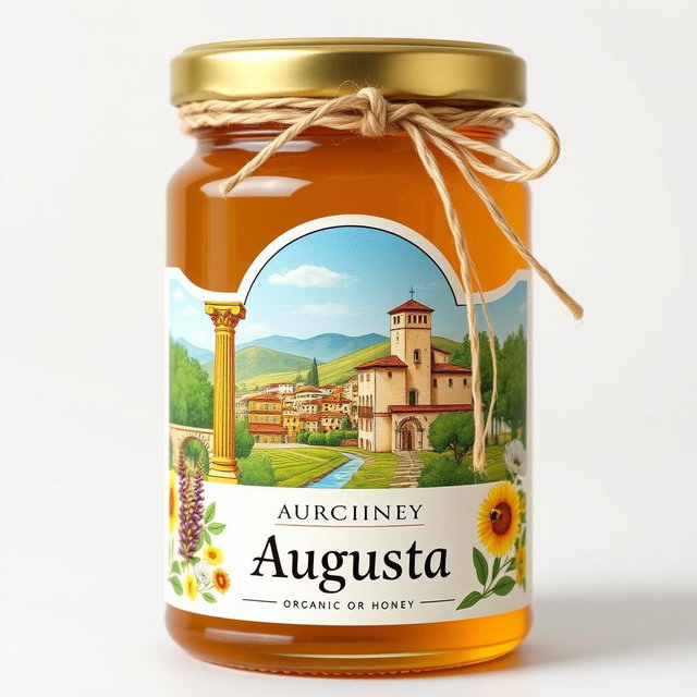 Label design for organic honey, showcasing the picturesque village of Augusta, a traditional Roman setting