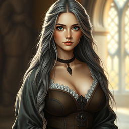 A busty, beautiful cleric depicted as a slender European girl with very large, tenderly pushed-up breasts