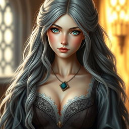 A busty, beautiful cleric depicted as a slender European girl with very large, tenderly pushed-up breasts