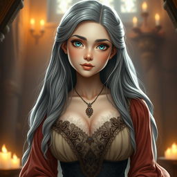 A busty, beautiful cleric depicted as a slender European girl with very large, tenderly pushed-up breasts