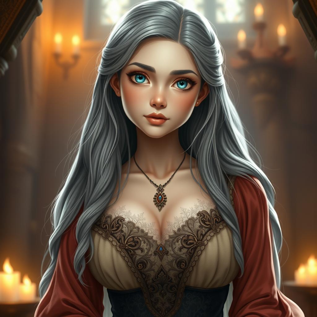 A busty, beautiful cleric depicted as a slender European girl with very large, tenderly pushed-up breasts