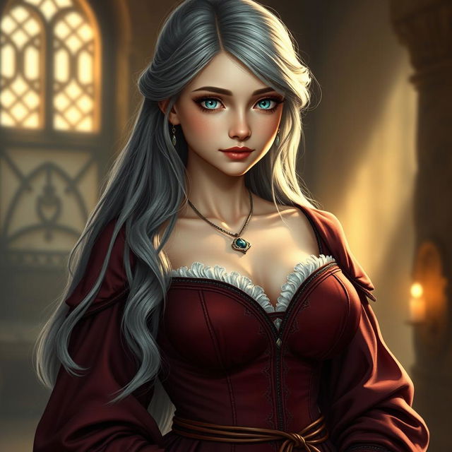A busty, beautiful cleric depicted as a slender European girl with very large, tenderly pushed-up breasts