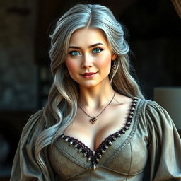 A busty and beautiful European cleric, characterized by her slender figure and large tender push-up breasts