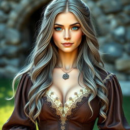 A busty and beautiful European cleric, characterized by her slender figure and large tender push-up breasts