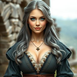 A busty and beautiful European cleric, characterized by her slender figure and large tender push-up breasts