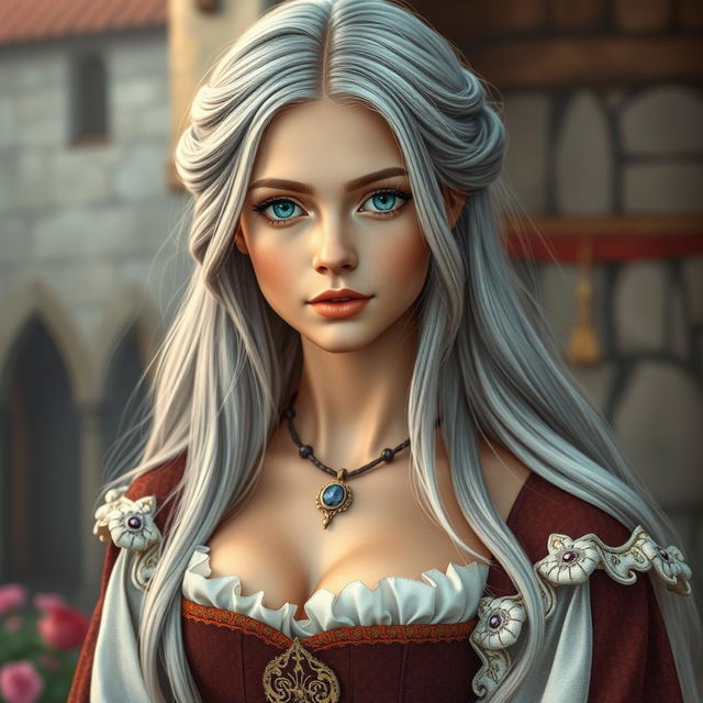 A beautiful, slender European woman with very large, tender push-upped breasts, long, soft layers of ash grey hair, and bright turquoise eyes