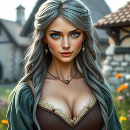 A beautiful, slender European woman with very large, tender push-upped breasts, long, soft layers of ash grey hair, and bright turquoise eyes