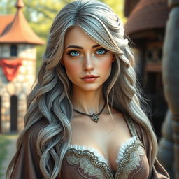 A beautiful, slender European woman with very large, tender push-upped breasts, long, soft layers of ash grey hair, and bright turquoise eyes