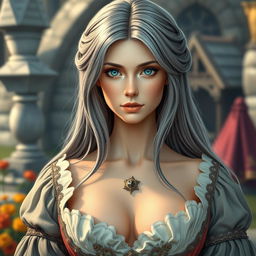 A beautiful, slender European woman with very large, tender push-upped breasts, long, soft layers of ash grey hair, and bright turquoise eyes