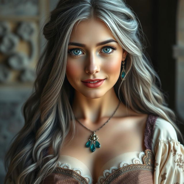 A busty, beautiful cleric slender European woman with very large, tender, push-upped breasts