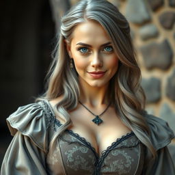 A busty, beautiful cleric slender European woman with very large, tender, push-upped breasts