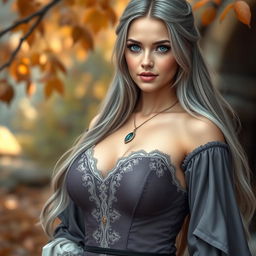 A beautiful cleric with a slender physique, featuring very large tender push-upped breasts, long soft layers of ash grey hair cascading down her back